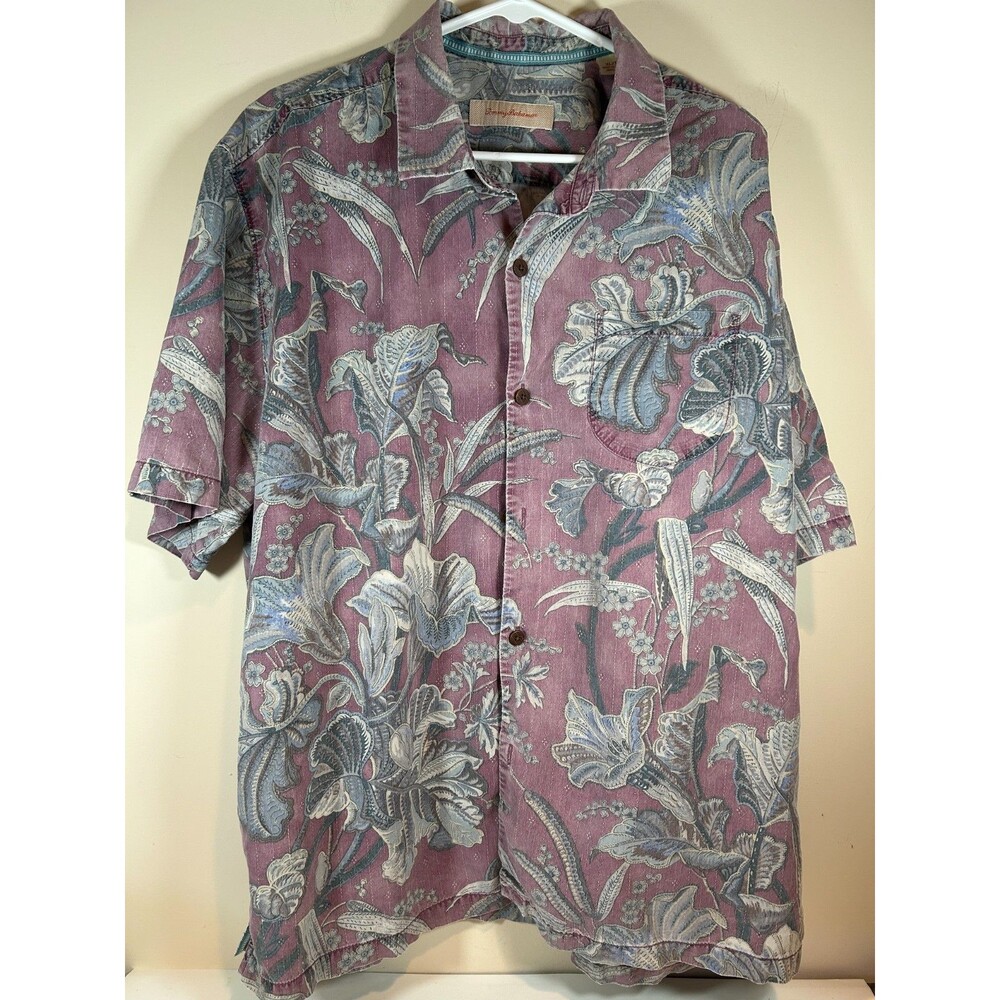 Tommy Bahama Men XL 100% Silk Mauve Color Tropical Leaf & Floral Print Shirt EUC